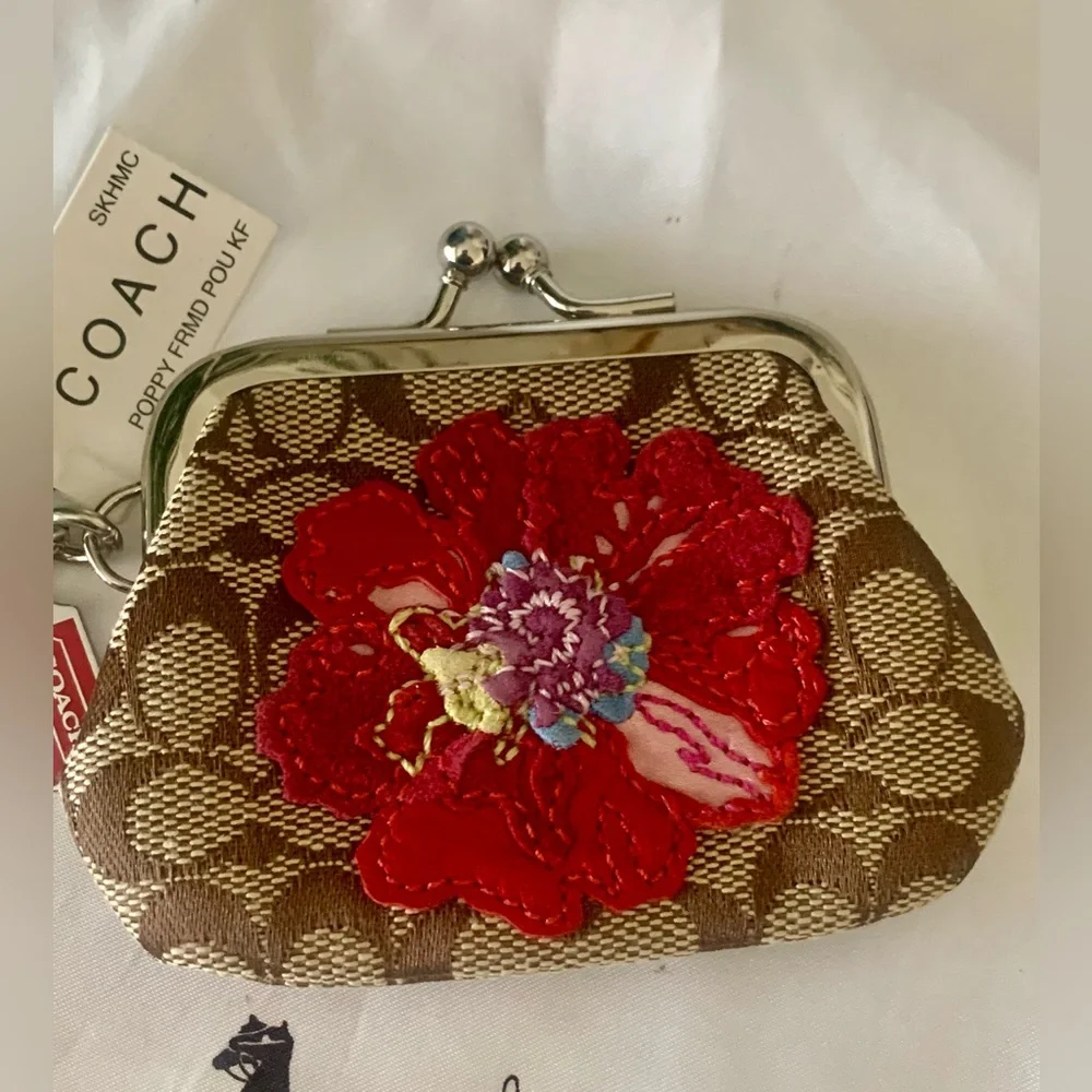 RARE Coach Poppy Signature Coin Purse with Red Floral Accent “LIMITED EDITION”